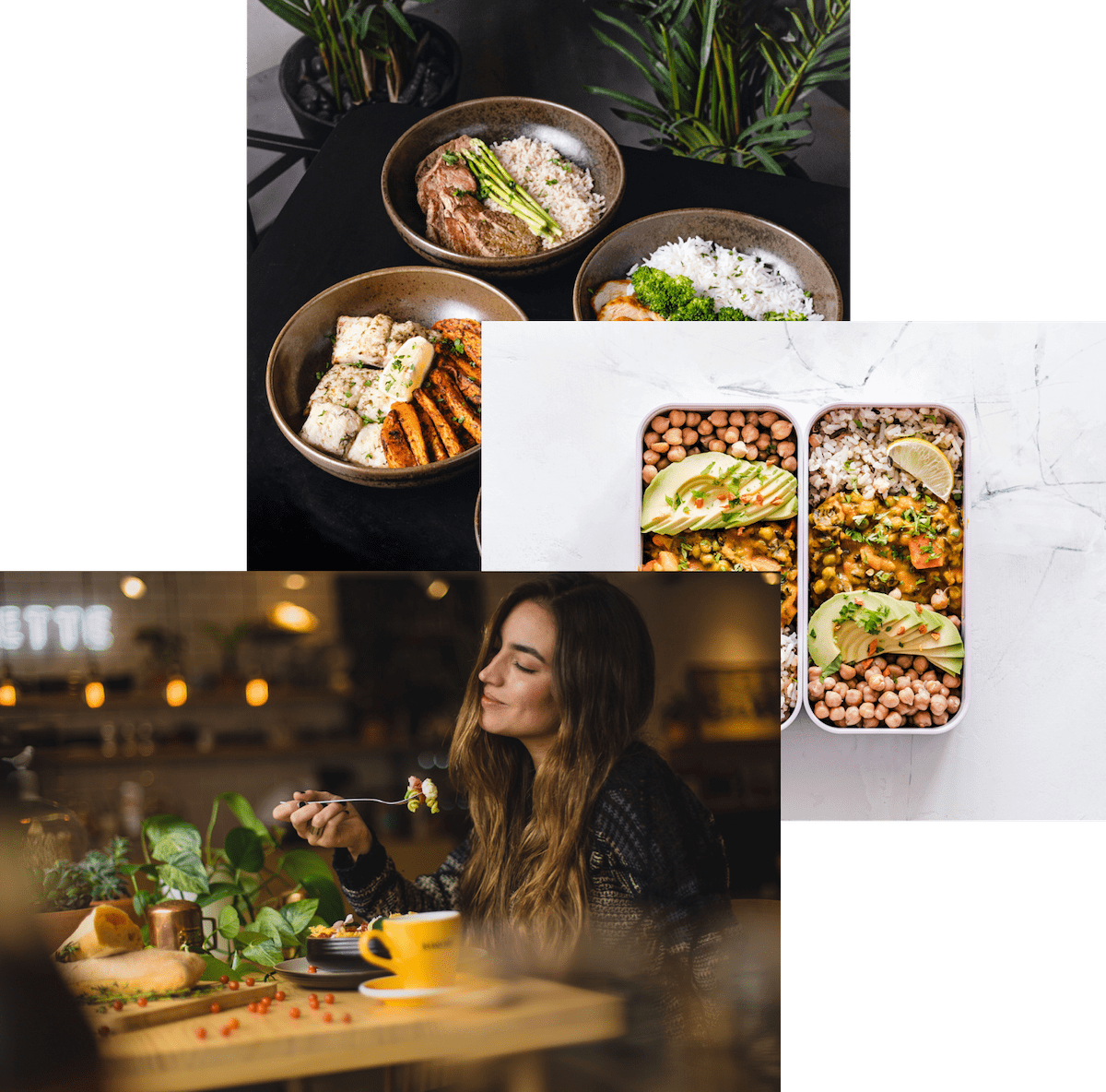 woman enjoying food, meals in storage container, and food bowls on a table